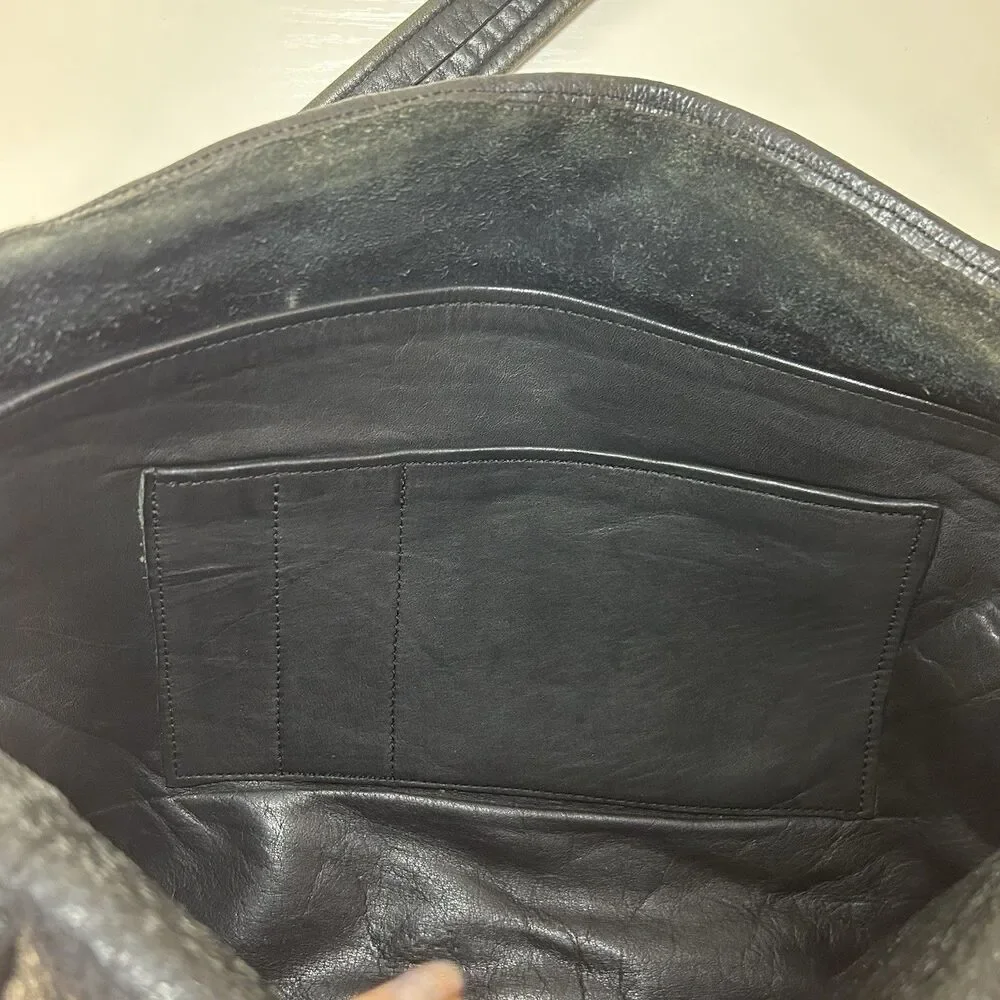 Vintage Genuine Black Leather Briefcase Messenger Bag Double Buckle